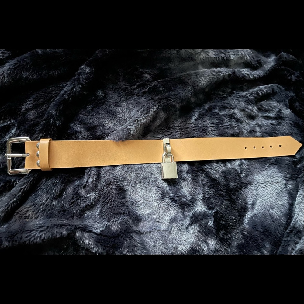 BDSM craft beige leather collar with lock, bondage kinky fetish
